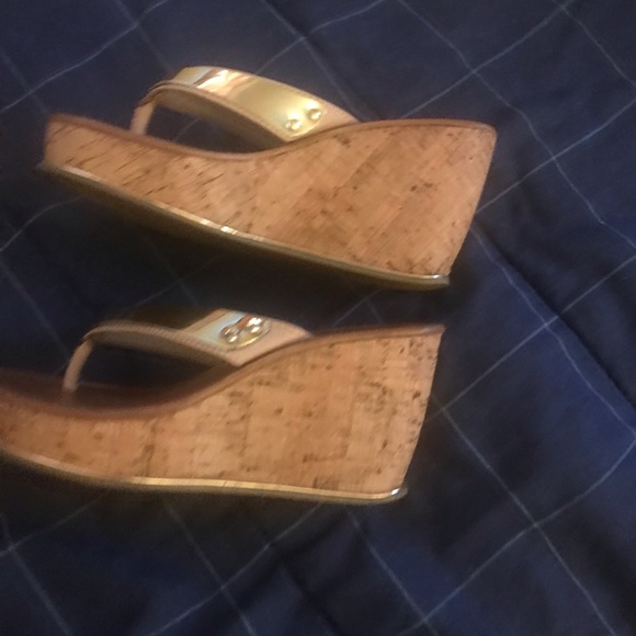 Aldo sandals with chrome-like straps and 3 inch cork heels - Picture 3 of 5